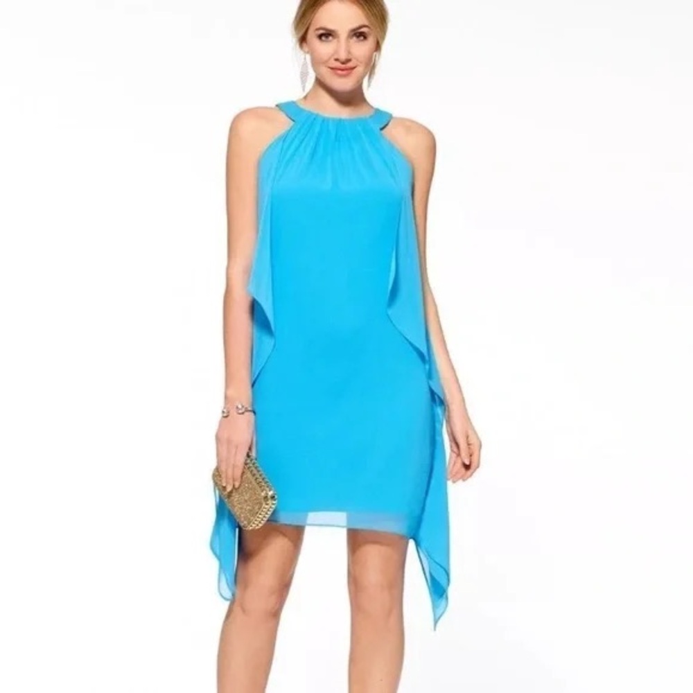 BADGLEY MISCHKA “Belle” Aqua Chiffon Dress Sleeveless Ruffle Flutter, Size 12